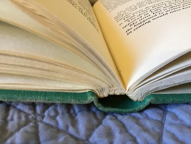 Puede incluir: Primer plano de un libro abierto con cubiertas de tela verde. Las p&aacute;ginas est&aacute;n amarillentas por el paso del tiempo y el texto es visible.