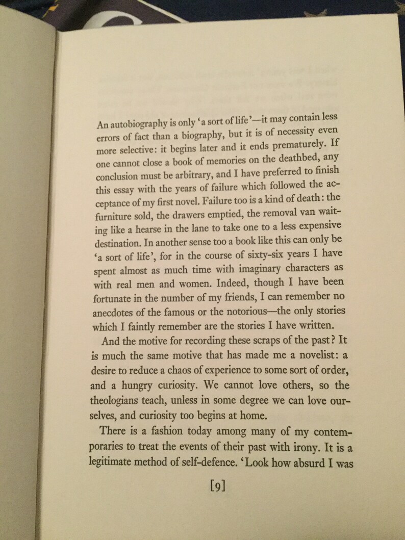 May include: A page from a book with text about the process of writing an autobiography. The text discusses the challenges of writing about one's life and the need to be selective in what is included. The page number is 9.