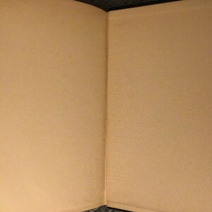 May include: An open book with blank pages. The pages are a light beige colour and the book is bound in a dark brown material.