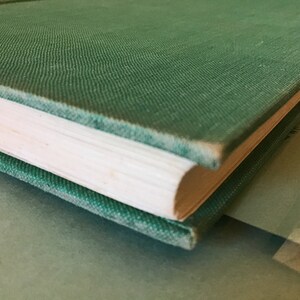 Puede incluir: Primer plano del lomo de un libro de tapa dura verde. El libro est&aacute; cerrado y el lomo es visible. El libro est&aacute; encima de otro libro.