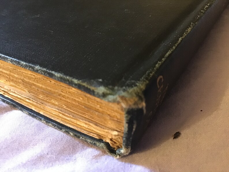 Op de afbeelding: Close-up van de rug van een zwart hardback boek met goudkleurige pagina's. Het boek is licht beschadigd en heeft een paar kleine scheuren op de rug.