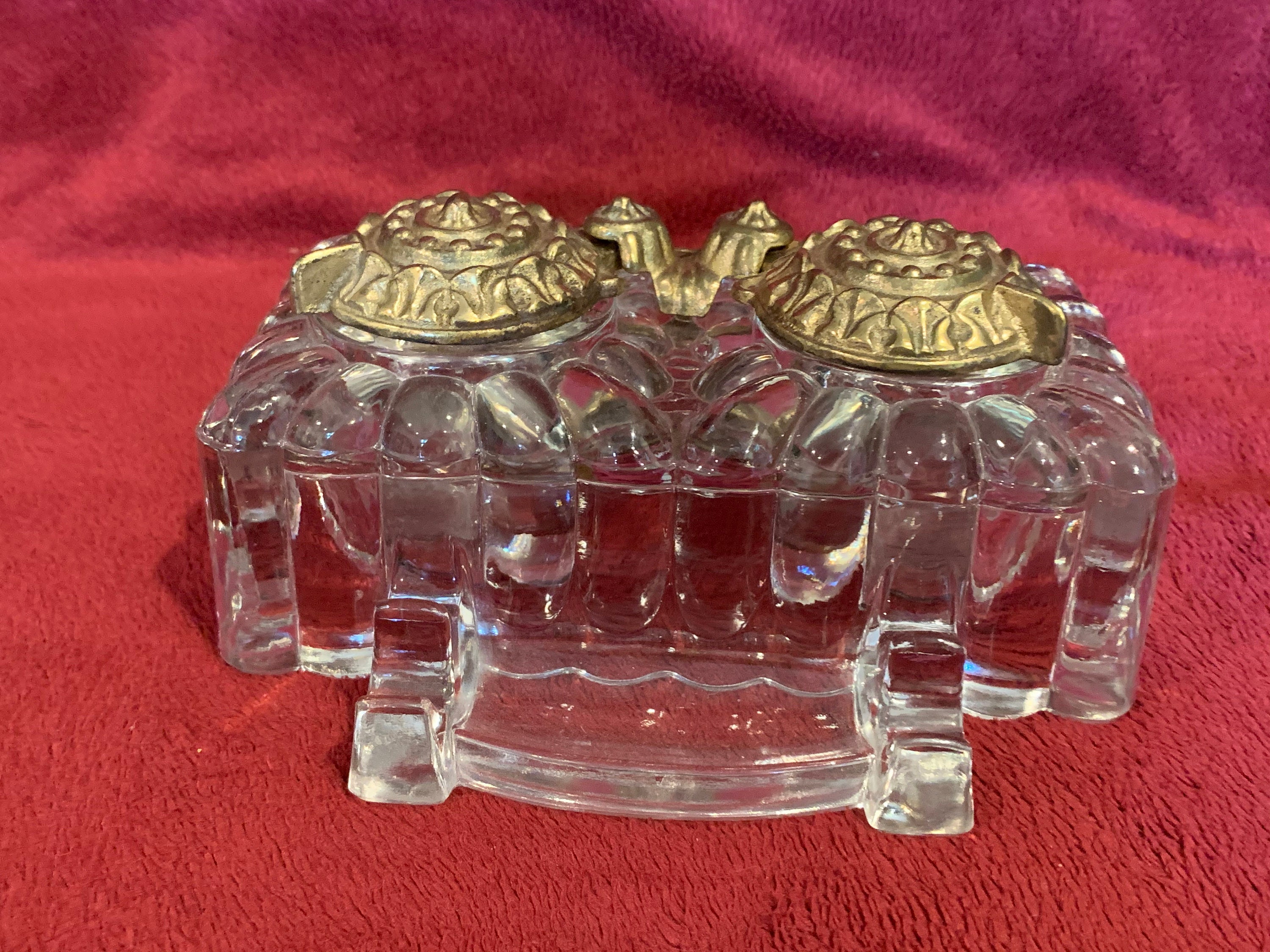Antique Double Inkwell Tatum Glass Co. Brass Lids Victorian Etsy