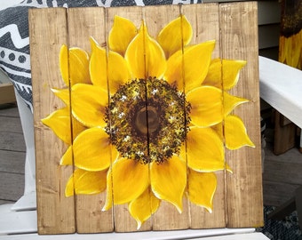 Hand-painted sunflower on wood-Sunflower Valentine Gift-Housewarming gift-Gift for mom-Sunflower wall art-Sunflower fall decor, Mothers Day