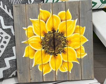 Hand-painted sunflower on grey wood, Sunflower Christmas Gift, Housewarming gift, Gift for Mom, Sunflower wall art, Sunflower Fall Decor