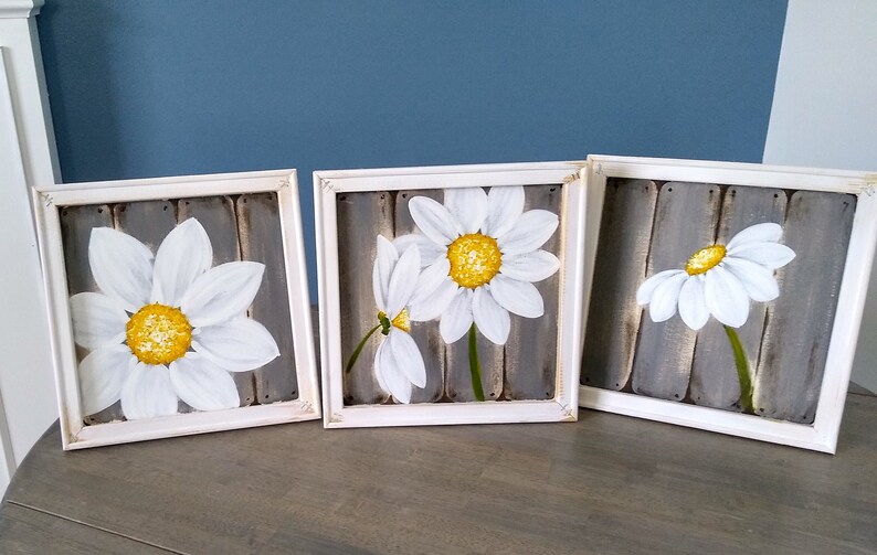 Framed Daisy Art Set White Daisy Wall Paintings Daisy Etsy