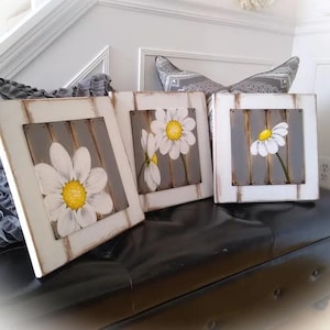 Distressed White Framed Daisy Art, Country Farmhouse Decor, Set of 3