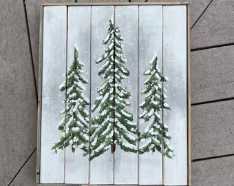 Winter Pine Tree Painting, Snowy Evergreen Art on Wood, Christmas farmhouse Wall Art, White Grey Kitchen Decor, Rustic Country Home Decor