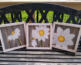 Framed Daisy Art Set, White Daisy Wall Paintings, Daisy Bathroom Decor, White Home Decor, Country Farmhouse Wall Art, Floral Kitchen Art