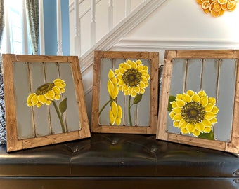 Framed Sunflower Artwork set, Farmhouse Decor, Rustic Country wall art, Farmhouse art, ,Grey Bathroom Wall Art, Yellow Home Art, kitchen art