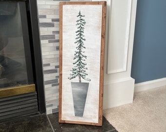 Winter Pine Tree Painting, Rustic Winter Decor, Country Farmhouse Kitchen Wall Art, Modern Winter Decor, Fireplace Mantel decor, Skinny art