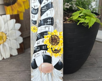 2 ft Gnome Porch Sign, Gnome Painting, Gnome Outdoor Decor, Porch Decor, Sunflower Gnome, Black and White Decor, Wood Gnome art, Gnome art