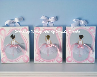 INVENTORY CLEARANCE-SALE Ballerina Nursery Art, Handmade Tutu, Set of 3 Acrylic Paintings