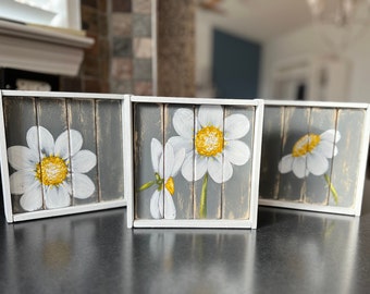 Mini-framed daisy artwork set , White distressed daisy art on wood, Country farmhouse decor, Grey bathroom, shelf sitter,  fireplace mantel