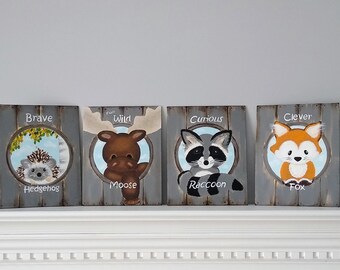 Woodland Nursery Art / Forest Animal Nursery / Fox Nursery Art / Rustic Nursery Set / Woodland Creatures / Raccoon Nursery / Moose Art