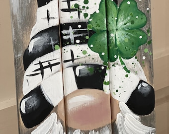 2 ft Gnome Four Leaf Clover Porch Sign,  Shamrock Gnome Painting, Gnome Outdoor Decor, Porch Decor, Clover Gnome, Black and White Decor