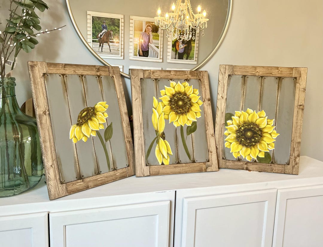 Framed Sunflower Acrylic Painting Set, Rustic Farmhouse Wall Art - Etsy