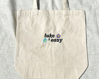Take It Easy Embroidered Tote Bag Reusable Bag Market Bag Embroidered Bag Groovy Funky Daisy Handbag Canvas Tote Colorful Bag