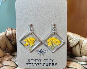 Real Flower Resin Earrings | Wildflower Earrings | Simple Earrings with Yellow Pressed Flowers | Dried Flower Earring | Silver Stud Earrings