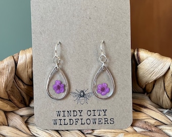 Purple Pressed Flower Earrings | Real Flower Resin Earrings | Simple Silver Teardrop Floral Earrings | Dainty Earrings with Dried Flowers