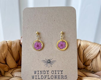 Purple Pressed Flower Earrings | Real Flower Resin Earrings | Simple Gold Stud Floral Earrings | Dainty Earrings with Dried Flowers