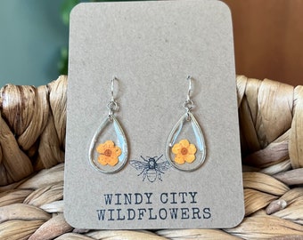 Orange Pressed Flower Earrings | Real Flower Resin Earrings | Simple Silver Teardrop Floral Earrings | Dainty Earrings with Dried Flowers