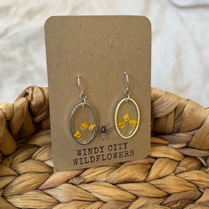 Real Flower Resin Earrings Silver Earrings with Yellow Pressed Flowers Simple Floral Earrings with Dried Flowers image 2