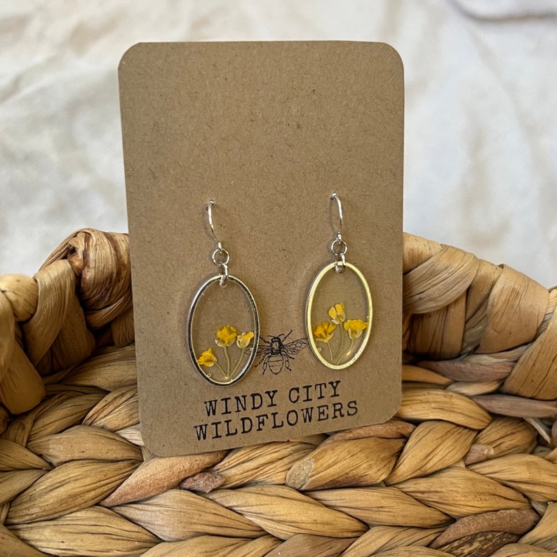 Real Flower Resin Earrings Silver Earrings with Yellow Pressed Flowers Simple Floral Earrings with Dried Flowers image 2