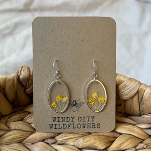 Real Flower Resin Earrings Silver Earrings with Yellow Pressed Flowers Simple Floral Earrings with Dried Flowers image 1