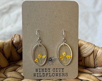 Real Flower Resin Earrings | Silver Earrings with Yellow Pressed Flowers | Simple Floral Earrings with Dried Flowers