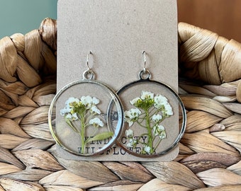 Pressed Flower Resin Earrings | Silver Earrings Real Flowers | Simple Hoop Floral Earrings with Dried Flowers | White Flower | Wildflowers