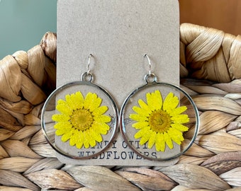 Real Flower Resin Earrings | Silver Earrings with Yellow Daisy Pressed Flowers | Simple Hoop Floral Earrings with Yellow Dried Flowers