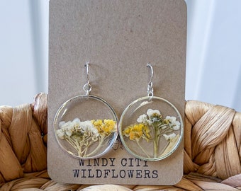 Real Flower Resin Earrings | Wildflower Earrings | Simple Earrings with Pressed Flowers | Dried Flower Earring | Silver Dangle Hoop Earrings
