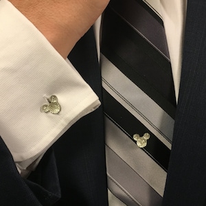 Hidden Mickey Mouse Crystal Rhinestone Bling Tie Tack & Cuff Link Set for Disney Wedding