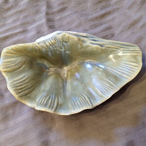 May include: A green ceramic dish with a unique, organic shape. The dish has a textured surface and a slightly iridescent glaze.