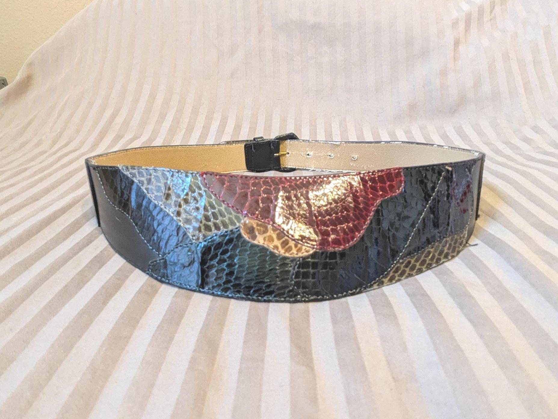 RARE VINTAGE ????Patchwork Belt with Gold Buckle Golden Western Antique Gold Floral Engraved Buckle Genuine  main image 3