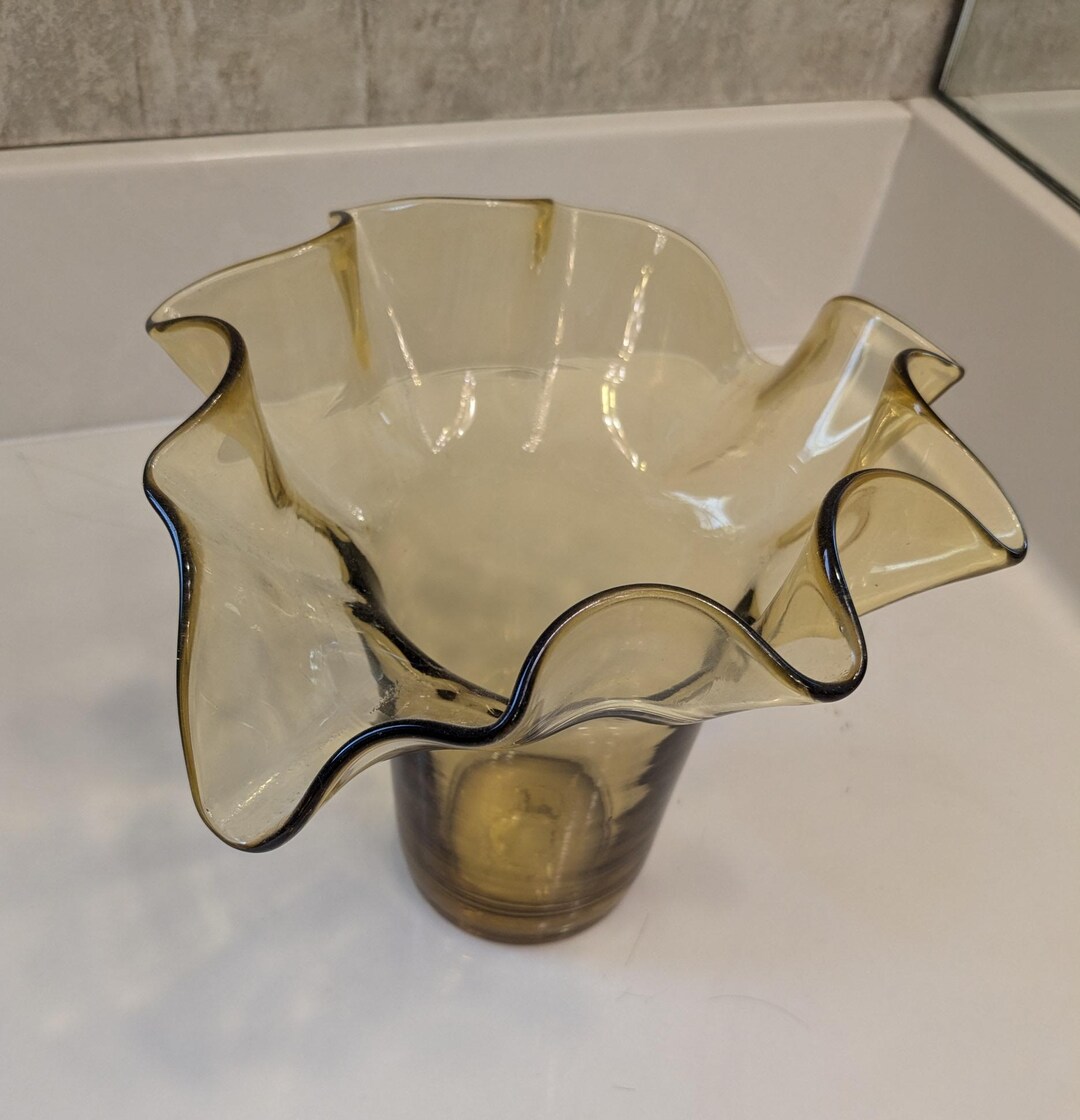 Vintage Hand Blown Handkerchief Ruffle Top Amber Art Glass Vase - Etsy
