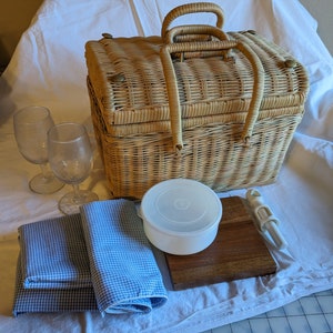 Large Wicker Basket Picnic Set Vintage and New Fabric Lined Includes Extras