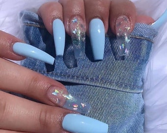 photo Short Acrylic Nails Blue Butterfly usd