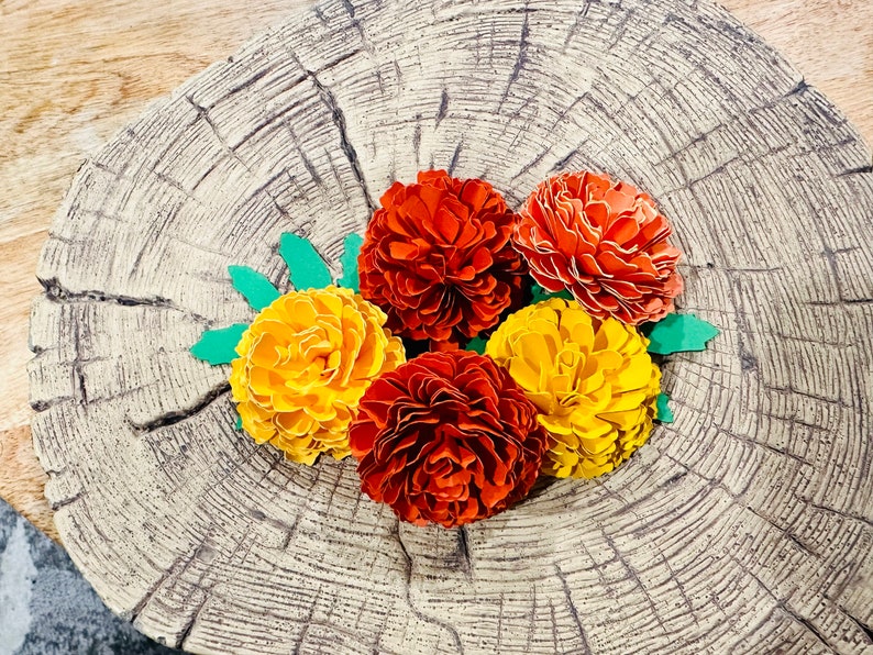 Cempasuchil, Marigold Mini 2 Paper Flowers, Ofrenda, Dia de Los Muertos, Day of the Day, Altar, shadow box flowers image 3