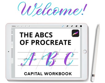 The ABCs of Procreate: CAPITALS Modern Calligraphy Workbook and Color-Changing Procreate Brush