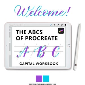 May include: A digital tablet displaying a workbook for learning calligraphy in the Procreate app. The workbook shows the letters A, B, and C written in a cursive style with arrows indicating the direction of the strokes. The text on the screen reads "The ABCs of Procreate Capital Workbook".