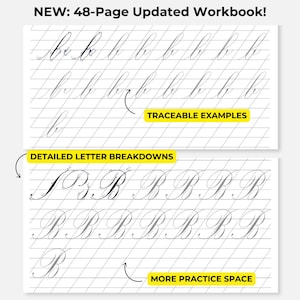 May include: A black and white workbook with lined pages for practicing cursive handwriting. The workbook includes traceable examples and space for practice. The text on the cover reads "NEW: 48-Page Updated Workbook!"