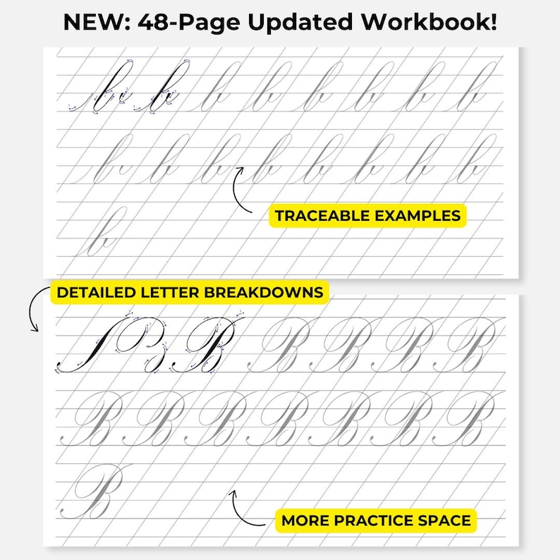 May include: A black and white workbook with lined pages for practicing cursive handwriting. The workbook includes traceable examples and space for practice. The text on the cover reads "NEW: 48-Page Updated Workbook!"
