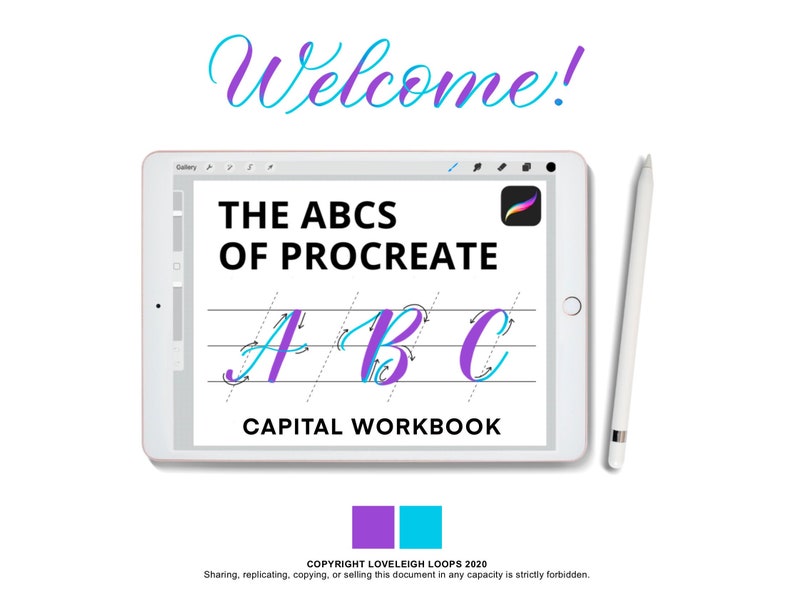 May include: A digital tablet displaying a workbook for learning calligraphy in the Procreate app. The workbook shows the letters A, B, and C written in a cursive style with arrows indicating the direction of the strokes. The text on the screen reads "The ABCs of Procreate Capital Workbook".