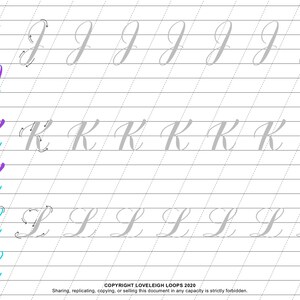May include: A worksheet with cursive letter practice for the letters J, K, and L. The letters are written in gray, with blue and purple arrows showing the stroke order.