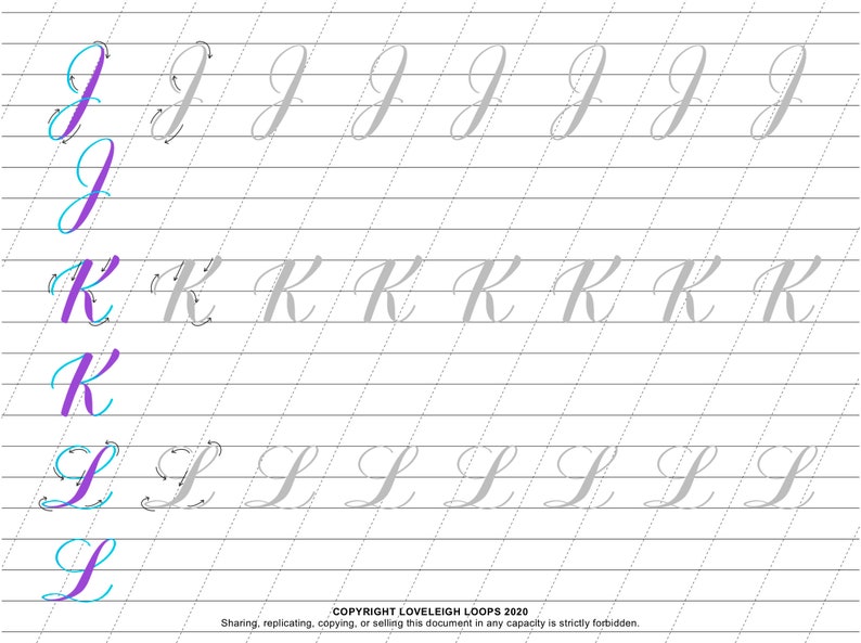 May include: A worksheet with cursive letter practice for the letters J, K, and L. The letters are written in gray, with blue and purple arrows showing the stroke order.