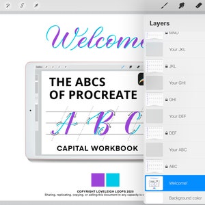 May include: A digital illustration of the letters A, B, and C in a purple and blue calligraphy style. The letters are on a lined sheet of paper with the text "THE ABCS OF PROCREATE CAPITAL WORKBOOK" above them. The image is on a tablet screen with a "Welcome!" button in the lower right corner.