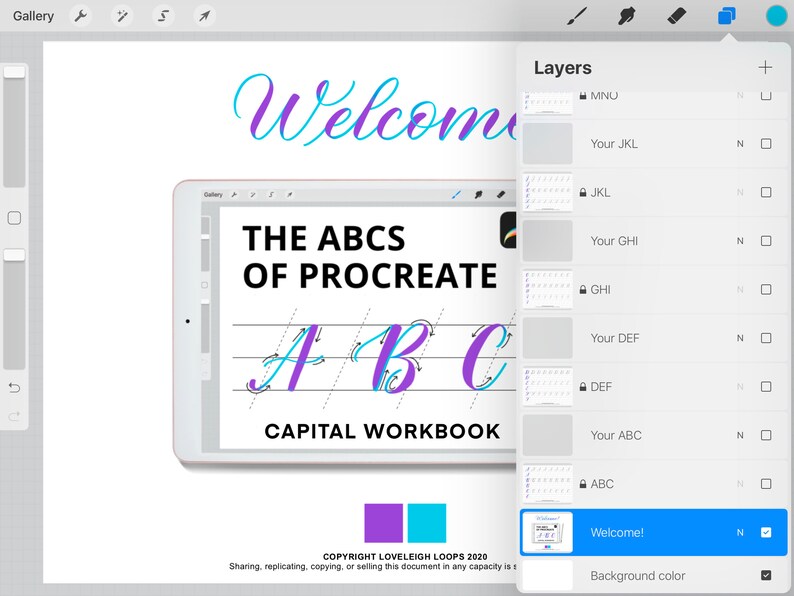 May include: A digital illustration of the letters A, B, and C in a purple and blue calligraphy style. The letters are on a lined sheet of paper with the text "THE ABCS OF PROCREATE CAPITAL WORKBOOK" above them. The image is on a tablet screen with a "Welcome!" button in the lower right corner.