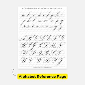 May include: A black and white printable reference sheet for copperplate calligraphy. The sheet features the alphabet in uppercase and lowercase letters, written in a formal, elegant script. The text "COPPERPLATE ALPHABET REFERENCE" is at the top of the sheet. The text "Alphabet Reference Page" is at the bottom of the sheet.