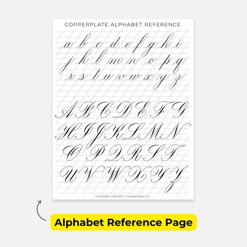 May include: A black and white printable reference sheet for copperplate calligraphy. The sheet features the alphabet in uppercase and lowercase letters, written in a formal, elegant script. The text "COPPERPLATE ALPHABET REFERENCE" is at the top of the sheet. The text "Alphabet Reference Page" is at the bottom of the sheet.